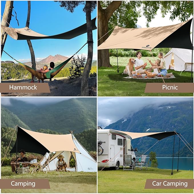 Camping Tarp with Poles &amp Retainer15x12.5FT Large Waterproof 210D Oxford Cloth Camping Canopy Anti-UV UPF100+ Tent Tarp Car Awning for Outdoor Picnic Hammock Car Backpacking (Khaki-Black)