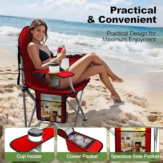 Folding Camping Chairs Durable 600D Oxford Portable Outdoor Chair with Cooler Pouch Cup Holder &amp Storage Pocket for Camping Beach Fishing