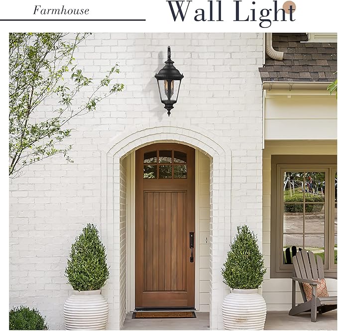 Emliviar Farmhouse Outdoor Light Fixtures Wall Mount 28.4 Inch Large Outside Lamp for Porch Outdoor Carriage Light with Seeded Glass Black Finish XE265B BK