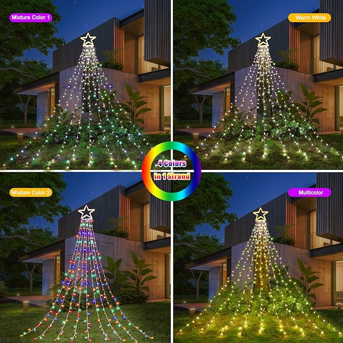PUHONG Color Changing Christmas Lights 4 in1 Outdoor Star String Lights 320 LED Christmas Decoration Lights [11 Modes &amp Waterproof &amp Remote] for Halloween Xmas New Year Holiday (Warm+Multico