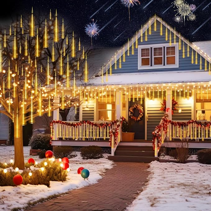 KNONEW Christmas Lights Outdoor 15 inch 24 Tubes 672 LED Meteor Shower Lights Plug in Waterproof Falling Rain Light for Xmas Tree Wedding Party Garden Holiday Rooftop Decorations (Warm White)