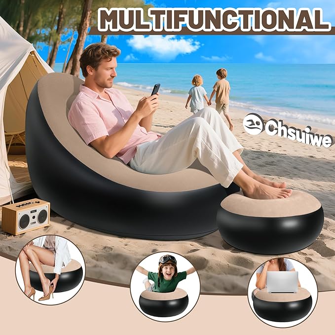 Inflatable Chair for AdultsPortable Inflatables Chairs with OttomanFlocked Surface inflatables CouchWaterproof Blow Up chairComfortable inflatable Couch for CampingGaming(Without Pump)1PK