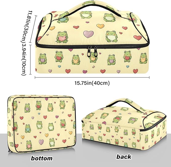 Casserole Carrier Green Frog Holding Colorful HeartInsulated Casserole Carrier for Hot or Cold Food Thermal Lunch Tote for Potluck Parties Picnic Beach Fits 9 x 13 Inches Baking Dish