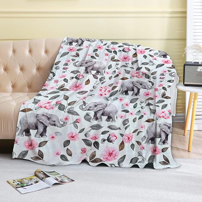 Elephant and Flower Fleece Blanket - 50x60in Pink Floral Throw BlanketsSoft Cozy Lightweight Ideal for Living Room Home Rustic Decor and Kids Women Girls Spring Gifts
