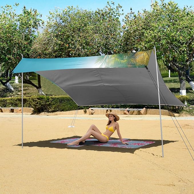 Beach with Palm Trees Beach Tent Sun Shelter 9.2' x 10.5' Beach Canopy with 4 Sandbags 4 Stability Poles Sand Shovels - Tent Canopy for Beach Camping Fishing Picnics