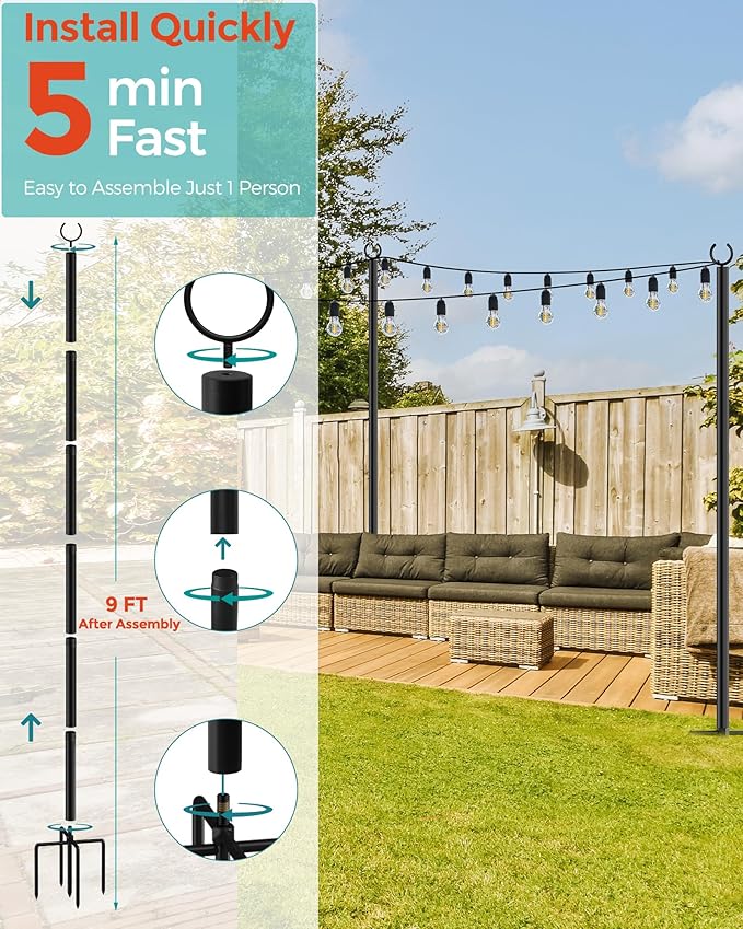 LAND·VOI 4 Pack String Light Poles 9FT Heavy Duty Metal Light Poles for Outside String Lights Outdoor light poles with 5 Prong Fork Light Pole Stand for Patio Backyard Garden Deck Black FLP14B