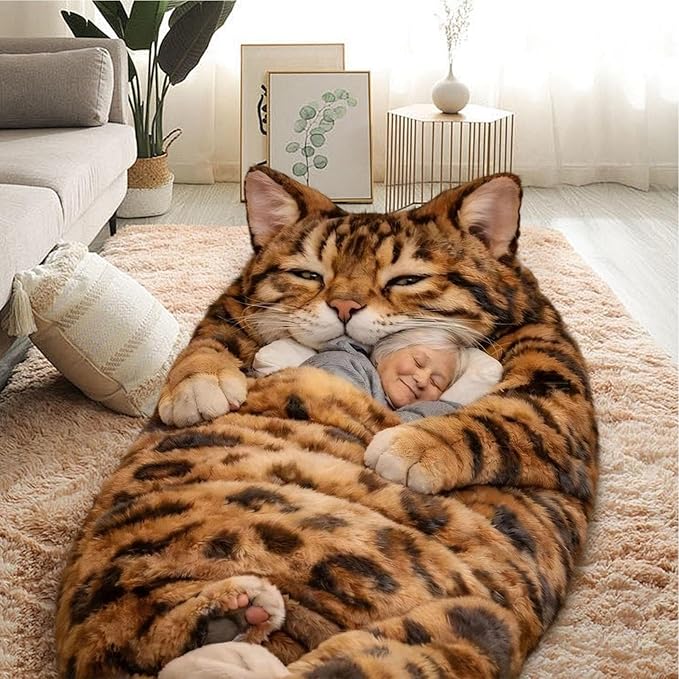 Plush Cat Print Envelope Sleeping Bag | 175x80cm Indoor Wearable Cat Sleeping Bags for Adult | Cute Animal Shaped Blanket| Winter Plush Sleep Sack