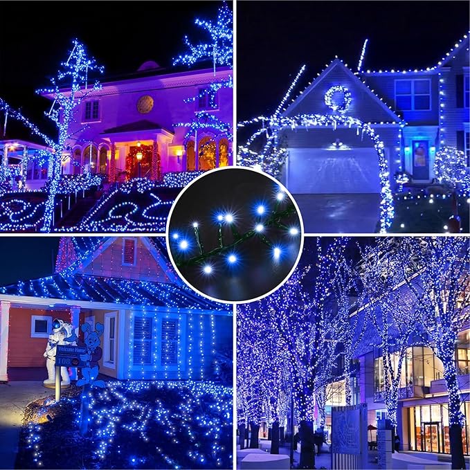 LAMPHOME 500 LED String Lights Outdoor 16 Modes Plug in Twinkle Fairy Lights for Bedroom 46ft 500LED Christmas Lights Cluster Lights Outdoor Waterproof -White&ampBlue