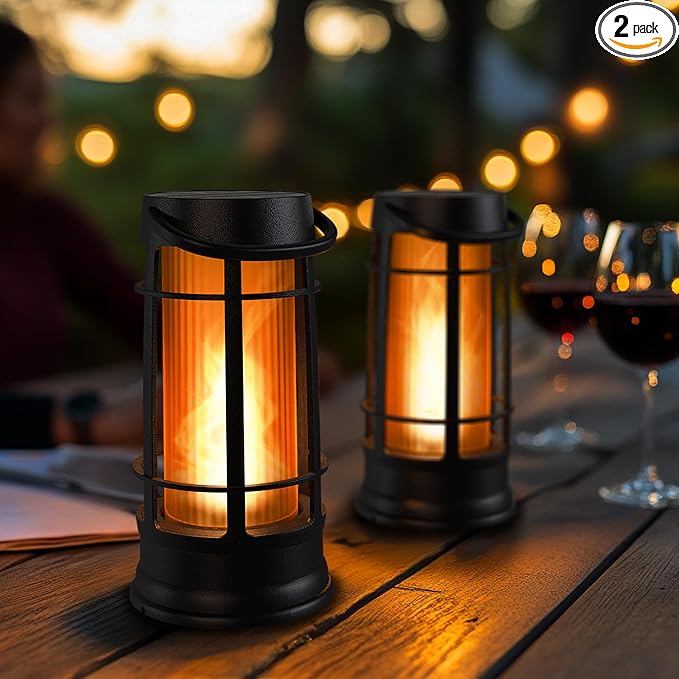 FoxFlame Metal Outdoor Solar LanternFlickering Solar Lanterns Outdoor Waterproof with Patented LEDOutdoor Lanterns for PorchPatioGardenTabletopHanging UseMatte Black(2 Pack)