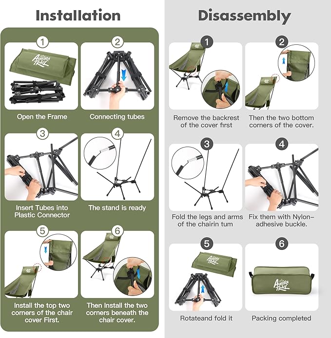AuroraTrail High Back Folding Camping Chair with Pillow – Lightweight Portable Outdoor Chair with Cup Holder &amp Carry Bag Sturdy Aluminum Frame Supports up to 374 lb for Camping Hiking &amp Fest