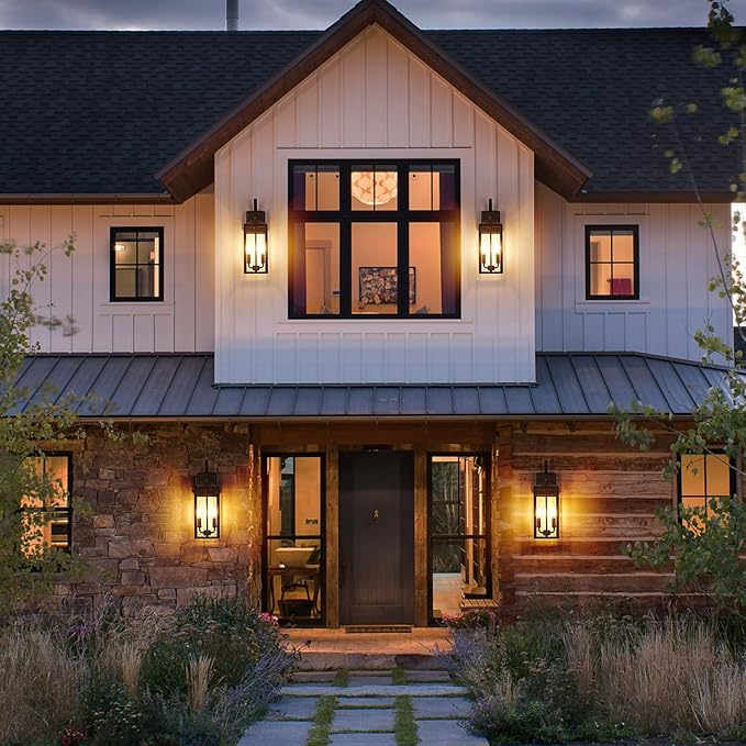 OKELI 17.6 2-Pack Dusk to Dawn Outdoor Lighting Large Exterior Porch Lighting 2-Light Farmhouse Outside Lantern Lights with Clear Glass Waterproof Wall Sconces Lamp for House Garage Brown