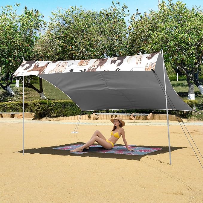 ALAZA Doodle Dog Print Cute Puppies Beach Tent Sun Shelter UPF50+ Protection Beach Shade Canopy w/ 4 Sandbags for Outdoor Camping Fishing Backyard Fun Picnic 10x9 ft