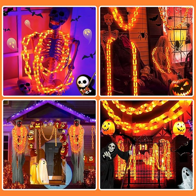 Solar Halloween Chain String Lights Decoration Upgraded 10Ft 160LED Orange Plastic Lights with 8 Lighting Modes for Indoor Outoor Halloween Party Cosplay Haunted House Spooky Decor