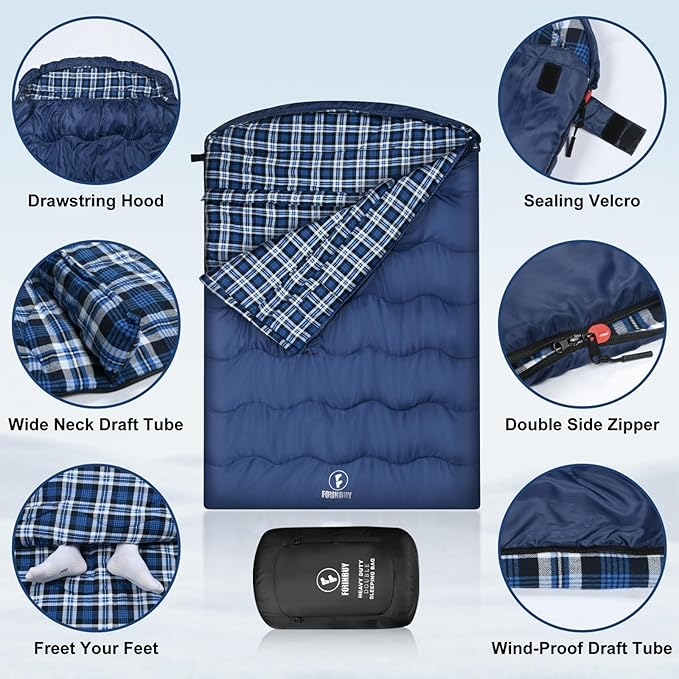 0 Degree Flannel Double Sleeping Bag for Adults Couples or Family - Winter Queen Size Waterproof &amp Warm 2-Person Sleeping Bag for Cold Weather Camping RV Travel