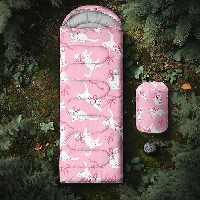 Pink Bow Sleeping BagGirly Princess Bowknot Camping Bag for Girls KidsPink and White Striped Lightweight Warm Portable Outdoor Indoor-Waterproof Cold Weather Resistant for Camping Hiking