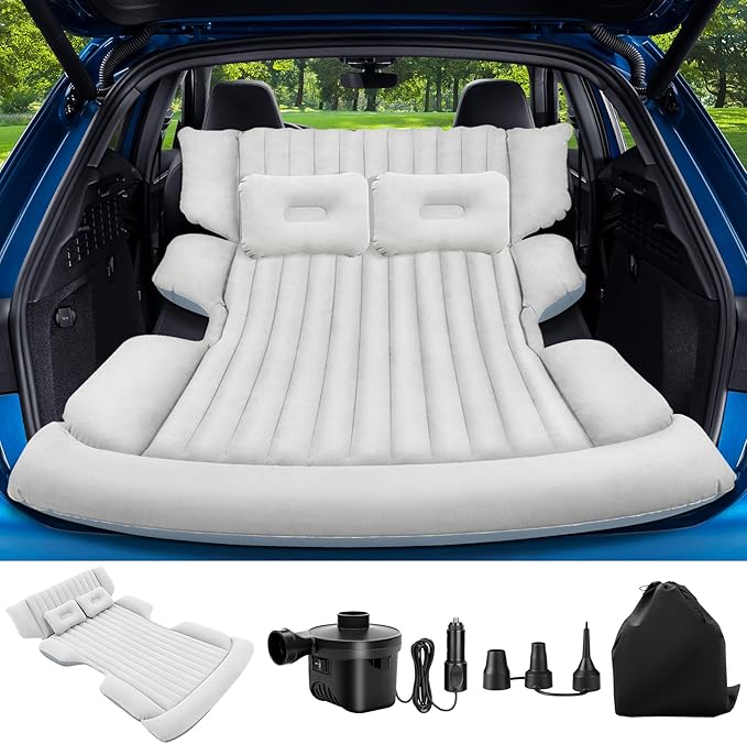 SUV Air Mattress with Air PumpThickened Camping Bed with 2 PillowsPortable Car Air MattressQuick Easy Set-UpInflatable Bed for carDurability Car Bed for SUVHomeTravelCamping(GreyWhite)