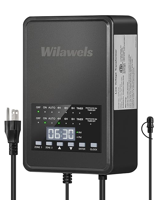 400W Low Voltage Landscape Transformer 2 Zone Independent Control 120VAC to 12/14V AC Low Voltage Transformer Landscape Lighting Transformer with Timer &amp Photocell Sensor ETL Listed D28LT06