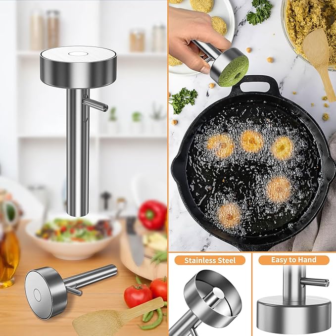 Falafel Scoop With Hole Stainless Steel Professional Falafel Maker Tool Scoop with Spatula Food Safe and Non-Sticky Stainless-Steel Donuts Sharp Syrian Felafel Maker Mold