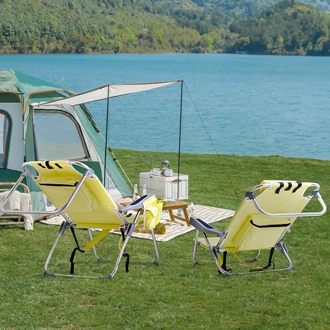 Portable Lightweight Folding Chair for AdultsOutdoor High Beach Lawn ChairPortable Backpack Foldable Camping ChairFolding Beach Chairwith Cup Holderfor Patio Pool Yard Garden (Yellow)