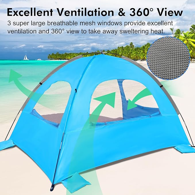 WhiteFang Beach Tent Anti-UV Portable Sun Shade Shelter for 3/4/6/8 Person Extendable Floor with 3 Ventilating Mesh Windows Plus Carrying Bag Stakes and Guy Lines