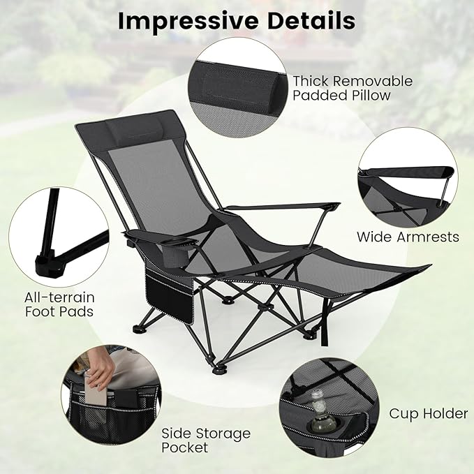 GYMAX Reclining Camping Chairs with Footrest Lightweight Foldable Camping Chairs with Cup Holders Adjustable Backrest Headrest Heavy Duty Camp Chair for Adult Outdoor Fishing Beach (Grey2)