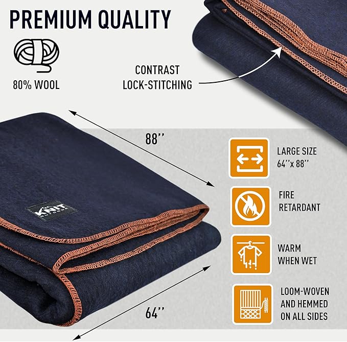 Large Military Wool Blanket - Warm &amp Thick Emergency Survival Blanket Great for Camping Outdoors Sports Events Picnics 4.5 lbs 64 x 88 (Navy)