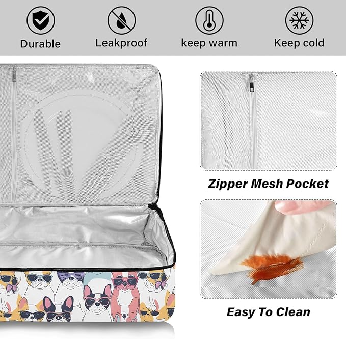 Casserole Carrier Cute Bulldog PatternInsulated Casserole Carrier for Hot or Cold Food Thermal Lunch Tote for Potluck Parties Picnic Beach Fits 9 x 13 Inches Baking Dish