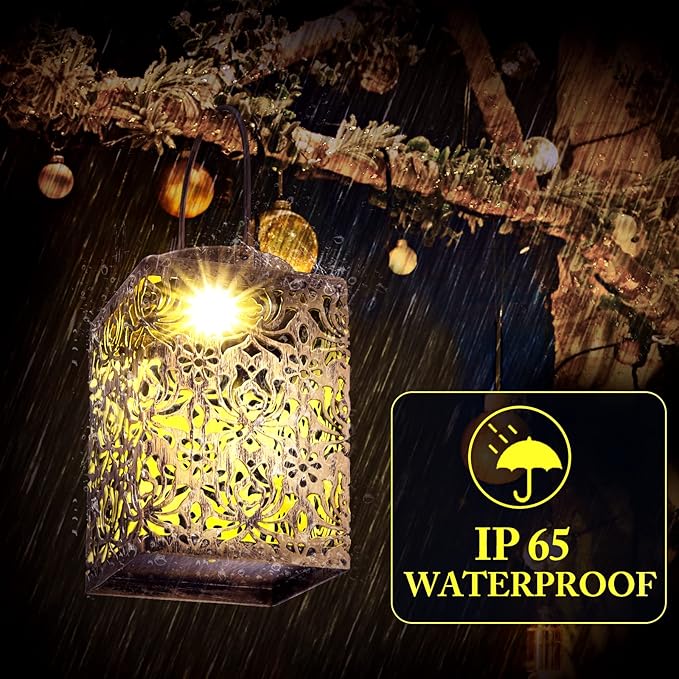2 Pack Bronze Solar Lanterns - Waterproof Metal Hanging Solar Lights Outdoor Decorative Solar Powered LED Lamp for Patio Tabletop Porch Deck Yard Garden Decor for Outside (Rose)