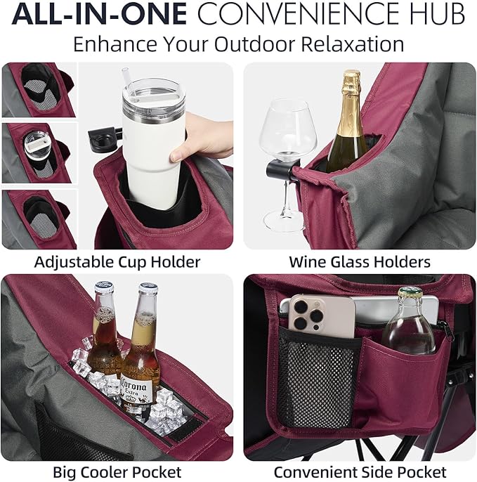 Oversized Camping Chair for Adults - Heavy Duty Padded Outdoor Folding Lawn XL Camp Chair with Cup Holder Cooler Pockets for Sports Beach Fishing Garden Portable Supports 500lbs Red/Grey