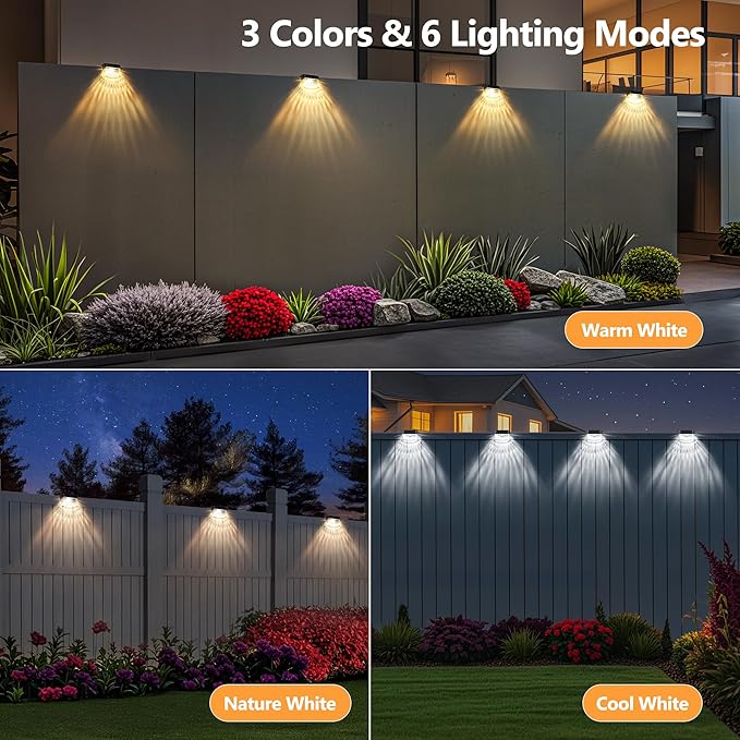 BrizLabs Solar Fence Lights Outdoor 12 Pack 3 Colors &amp 6 Modes LED Solar Deck Lights Warm White Outdoor Step Light IP65 Waterproof Cool White Wall Light Fence Lighting for Patio Yard Pool Raili
