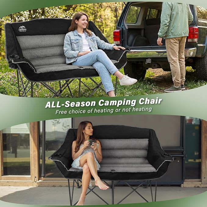 Fully Padded Folding Double Camping ChairsComfy Oversized Loveseat Lawn Chair w/Wine Glass HolderCup HolderHeavy Duty Outdoor Portable Camp Couch Support 600 LbsBlack