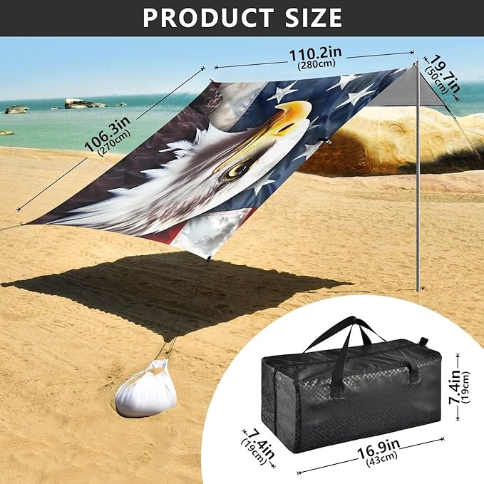 American Flag EagleCamping Sun Shelters 9.2 x 10.5 FT Beach Canopy Tent Sun Shade with Carrying Bag for Camping Trips Fishing Backyard Fun or Picnics 21341001