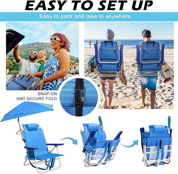Beach Chair Backpack Chairs for Adults with Adjustable Umbrella Folding Beach Chairs with Storage PouchCup Holder &amp Towel Rack Adjustable Lounge Chair for Seaside（2pcs/Blue）