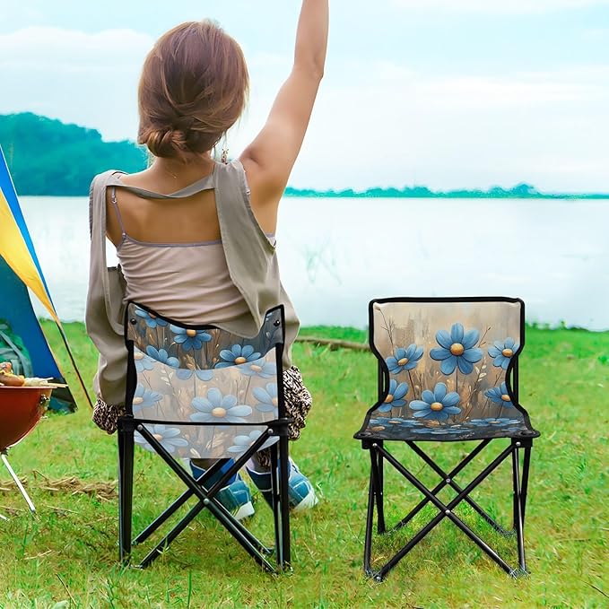 Chic Blue Daisies Flowes Oil Painting Folding Portable Beach Chairs for Traveling Ultralight Compact Folding Chair with Carrying Bag Ice Fishing Chairs for Adults for Hiking Sports