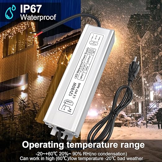 inShareplus 12V LED Power Supply 80W IP67 AC 110-260V to DC 12 Volt Waterproof Power Supply DC 12V 6.66A Low Voltage Transformer Driver with 3-Prong Plug for LED Outdoor Light Computer Project