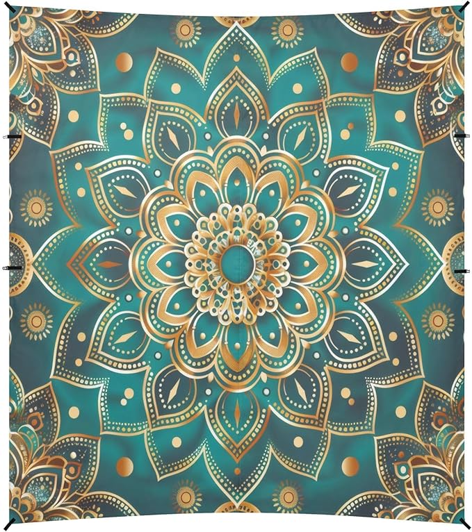 Turquoise Mandala Beach Tent Sun Shelter 9.2' x 10.5' Beach Canopy with 4 Sandbags 4 Stability Poles Sand Shovels - Tent Canopy for Beach Camping Fishing Picnics