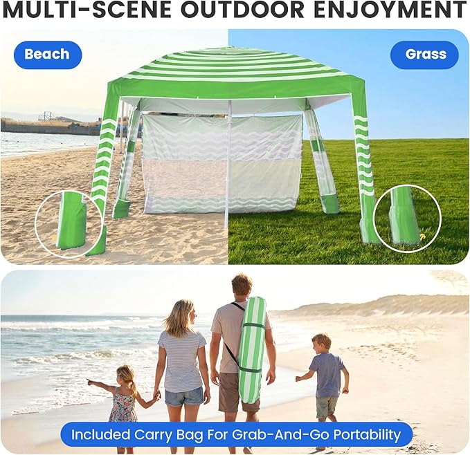 Zeraty Beach Cabana 8'×8' Portable Beach Canopy with Side Wall Easy Pop Up UPF 50+ Silver-Coated Beach Tent Sun Shelter Wind Resistant Adjustable Height Beach Umbrella Tent for Family Green