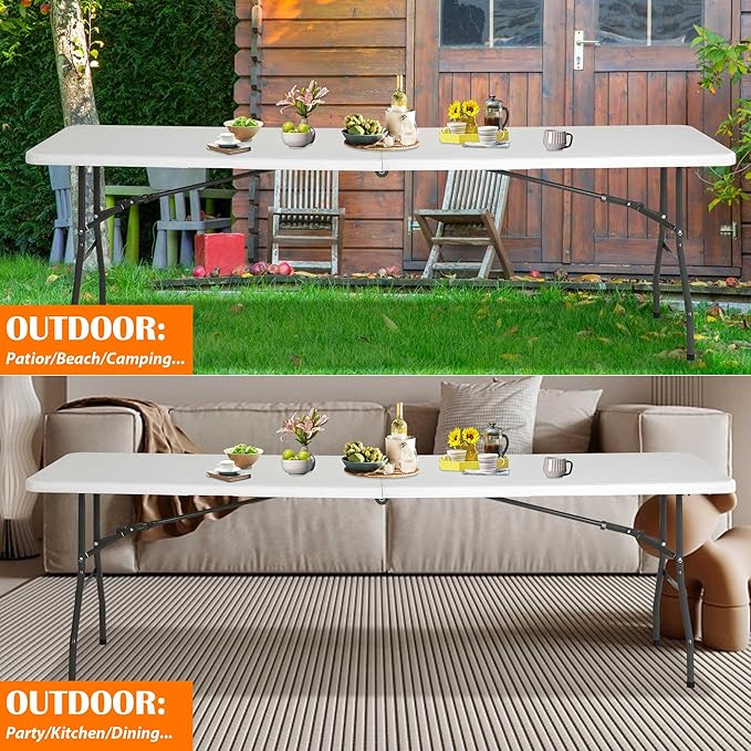 8 Foot Folding Table Portable Outdoor Folding Table Camp Table with Built in Handle &amp Steel Legs Heavy Duty Plastic Foldable Table Picnic Table 8ft Table Party Table Easy to Carry and Storage