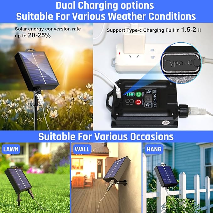 New Upgraded Solar Rope Lights 500 LED 170ft 19 Modes Solar Powered &amp USB Rechargeable String Lights Outdoor Waterproof with Remote Timer Dimmable for Pool Yard Party Wedding Christmas (500LED-War