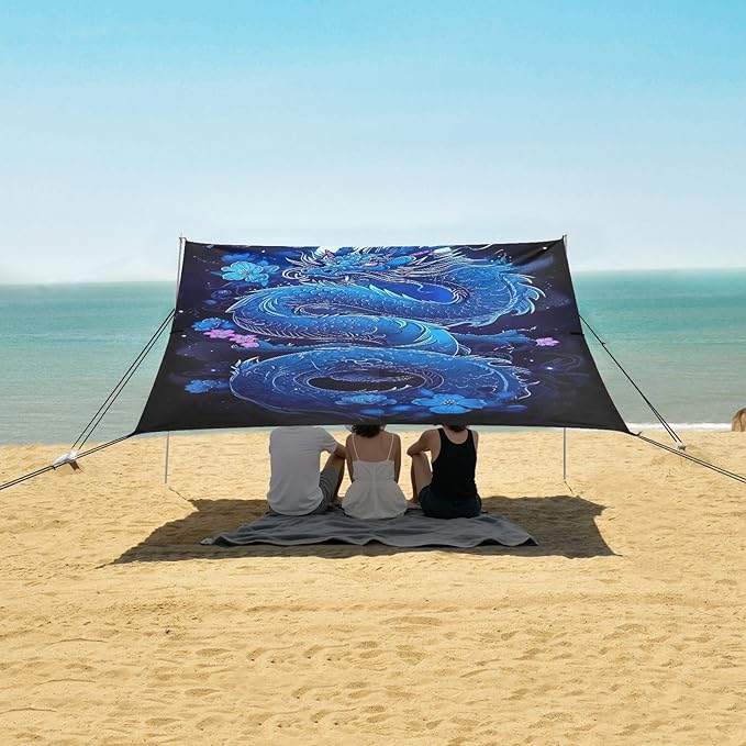 Blue Dragon Beach Tent Sun Shelter 9.2' x 10.5' Beach Canopy with 4 Sandbags 4 Stability Poles Sand Shovels - Tent Canopy for Beach Camping Fishing Picnics