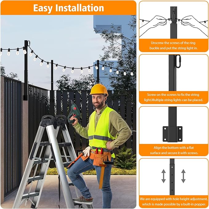 AILBTON 8 Pack 2.8Ft String Light PolesLight Poles for Outside String LightsOutdoor Light Poles with Fence BracketMetal Pole Stand for PatioBackyardDeck