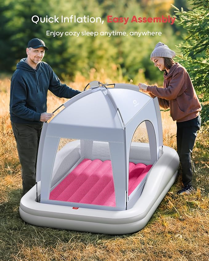 QPAU Inflatable Toddler Travel Bed with Tent Portable Kids Air Mattress with Safety Sides Ideal for Home Grandma's Camping Traveling -Includes Fast Electric Pump