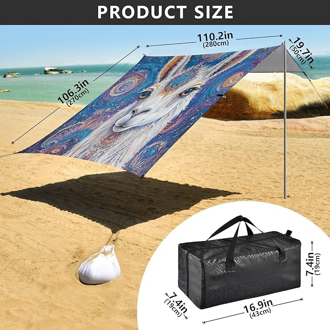 ALAZA Boho Llama Visionary Art Beach Tent Sun Shelter UPF50+ Protection Beach Shade Canopy w/ 4 Sandbags for Outdoor Camping Fishing Backyard Fun Picnic 10x9 ft
