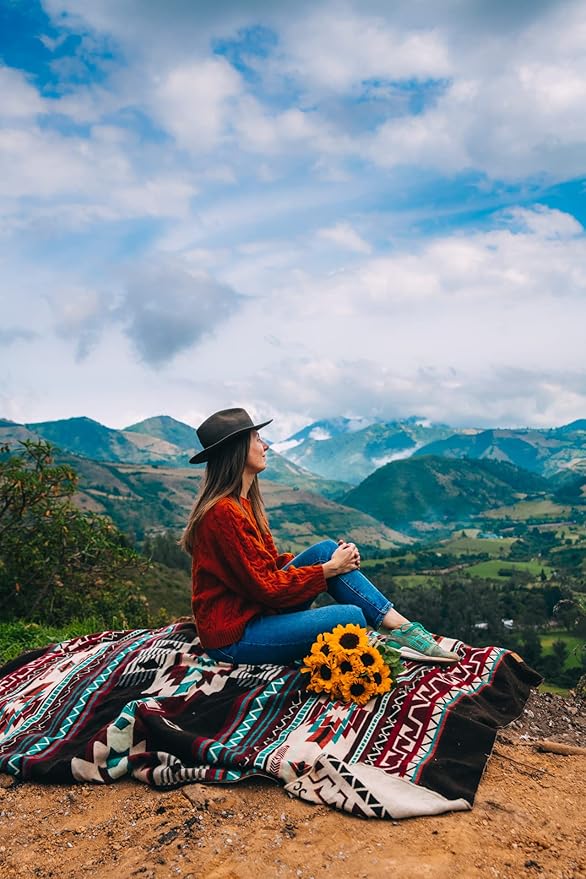 Inca Aztec Throw Queen King Blanket | Southwest Indian Navajo Boho Style | Native Cover for Camping Bedding Couch Vanlife | Faux Alpaca Lightweight Hypoallergenic (Pachamama Brown Queen)