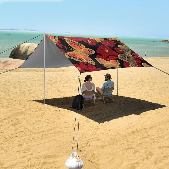 ALAZA Red Cherry Blossom Butterfly Beach Tent Sun Shelter UPF50+ Protection Beach Shade Canopy w/ 4 Sandbags for Outdoor Camping Fishing Backyard Fun Picnic 10x9 ft
