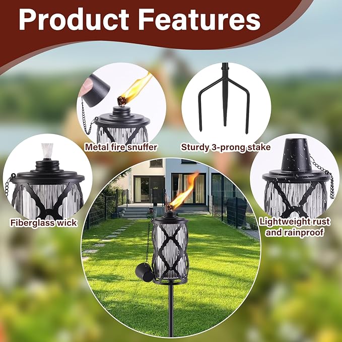 Home Garden Torch Set of 4 Large Capacity 16oz Outdoor Glass Torch Garden Décor58-Inch Upgraded Citronella Torches with 3-Prong Grounded Stake Torches for Party Patio Pathway