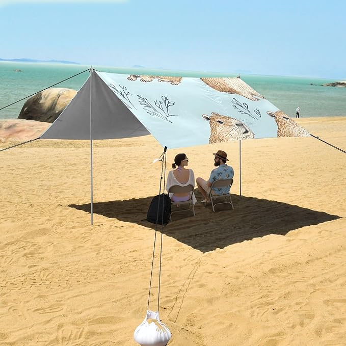 Capybara Grass Pattern Camping Sun Shelter Beach Tent Portable Beach Sun Shade Outdoor Canopy for Camping Trips Fishing Picnic