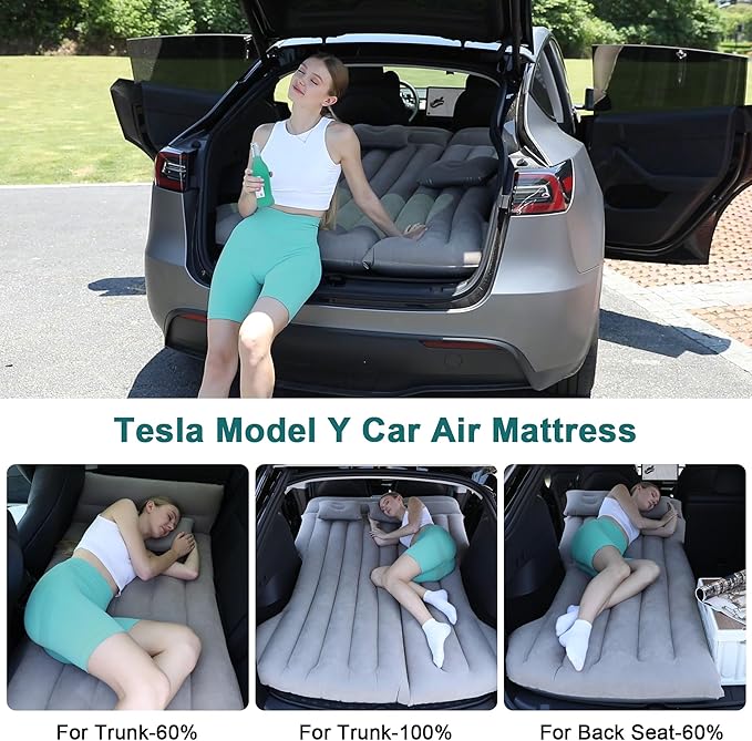 Car Air Mattress Inflatable Bed Compatible with Tesla Model Y Thickened Flocking Camping Air Bed with Air Pump 2 Pillows 2 Piers Car Sleeping Pad for Tent Outdoor and Travel