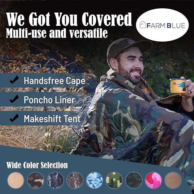 Farm Blue Jungle Camo Army Camping Blanket - Authentic and Improved Woobie Blanket Poncho Liner - Lightweight Multi-Functional All Weather Versatile - Go Backpacking or Car Camping Outdoor