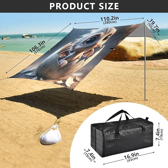 ALAZA Cute Baby Dragon Beach Tent Sun Shelter UPF50+ Protection Beach Shade Canopy w/ 4 Sandbags for Outdoor Camping Fishing Backyard Fun Picnic 10x9 ft